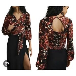 Anthropologie Women's Top Sz S Balloon Sleeve Boho Artsy Open Back, Tie Belt